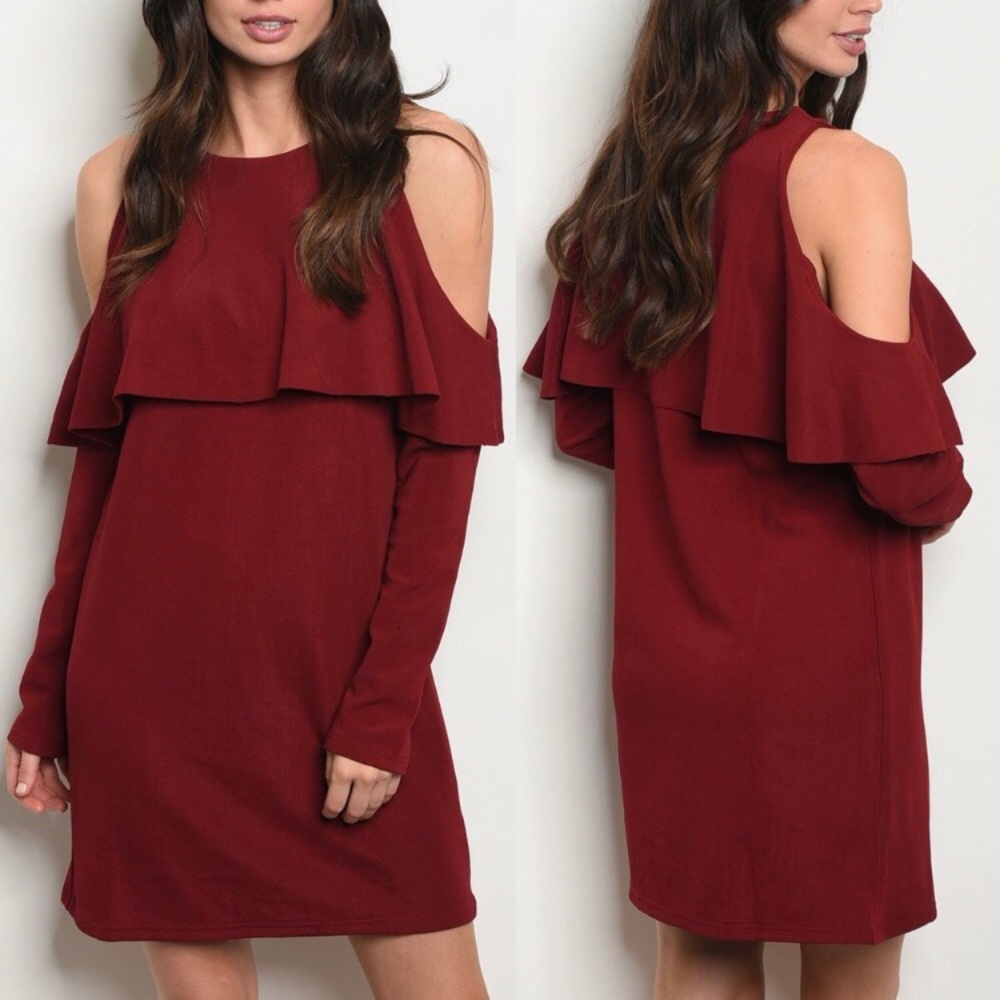 Cold Shoulder Long Sleeve Ruffled Dress